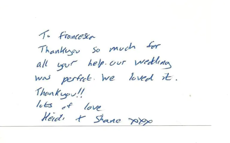 Handwritten thank-you note from a couple to Francesca