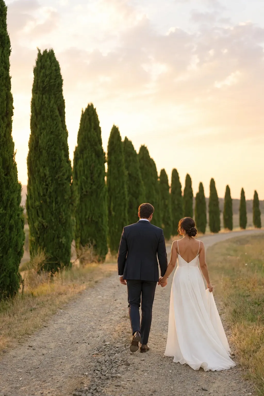 The Tuscany Bride and groom walking hand in hand along a cypress-lined road in the Val d'Orcia at sunset