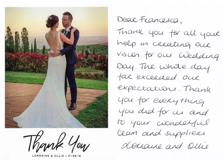 Thank-you card from Lorraine and Ollie